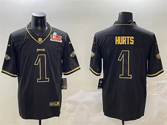 Men's Black/Gold Philadelphia Eagles #1 Jalen Hurts 2025 Super Bowl LIX Patch Salute To Service Vapor Untouchable Limited Stitched Football Jersey